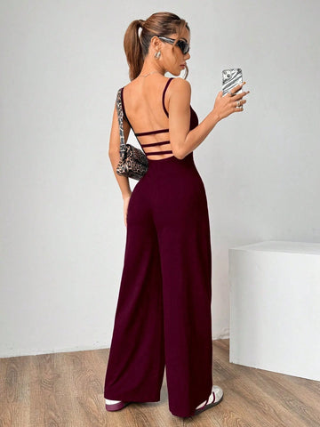Flirla Solid Color Open Back Camisole Romper