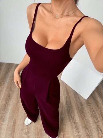 Flirla Solid Color Open Back Camisole Romper
