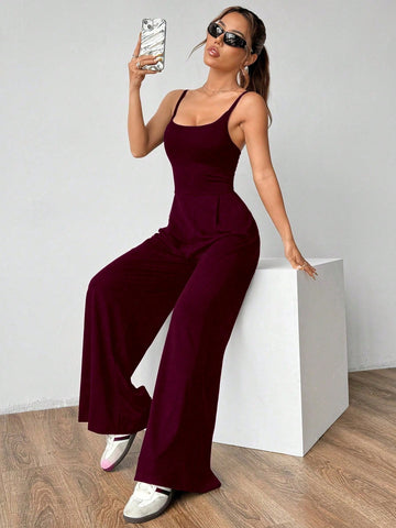 Flirla Solid Color Open Back Camisole Romper