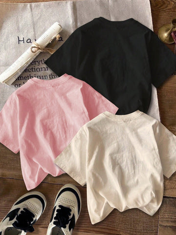 3pcs California Letter Graphic Round Neck Short Sleeve Cropped T-Shirt