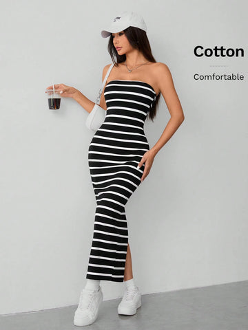 PETITE Striped Knitted Tube Top Women's Dress