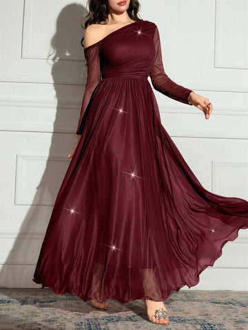 Women's Solid Color Asymmetrical Neck Long Sleeve Sparkly Glamorous Elegant Dress