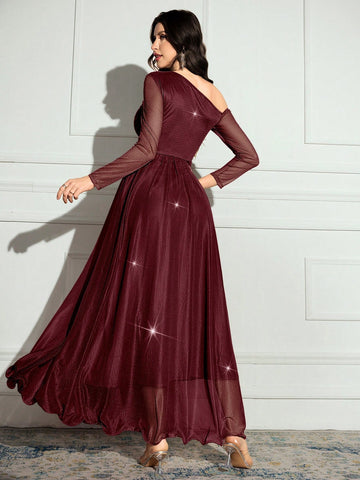 Women's Solid Color Asymmetrical Neck Long Sleeve Sparkly Glamorous Elegant Dress