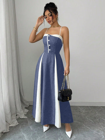 Women's Contrast Color Waist A-Line Button Decor Elegant Slip Dress