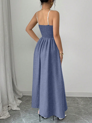 Women's Contrast Color Waist A-Line Button Decor Elegant Slip Dress