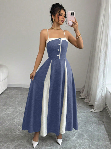 Women's Contrast Color Waist A-Line Button Decor Elegant Slip Dress
