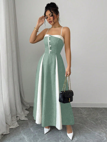 Women's Contrast Color Waist A-Line Button Decor Elegant Slip Dress