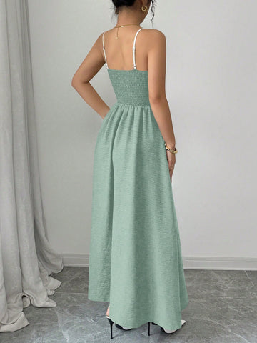 Women's Contrast Color Waist A-Line Button Decor Elegant Slip Dress