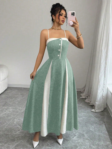 Women's Contrast Color Waist A-Line Button Decor Elegant Slip Dress