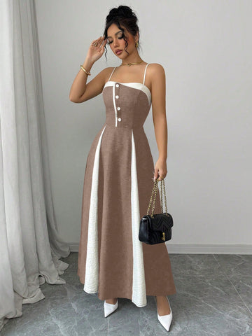 Women's Contrast Color Waist A-Line Button Decor Elegant Slip Dress