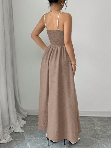 Women's Contrast Color Waist A-Line Button Decor Elegant Slip Dress