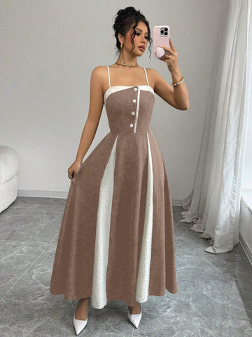 Women's Contrast Color Waist A-Line Button Decor Elegant Slip Dress