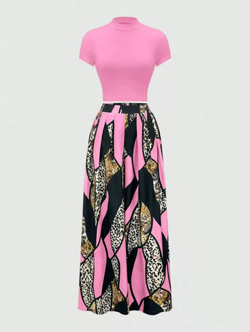 2pcs Women's T-Shirt And Colorblock Wide Leg Pants