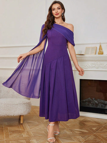 Modelyn Women's Oblique Shoulder Solid Color Long Casual Dress