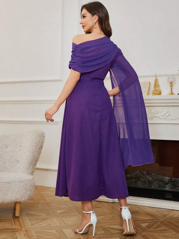 Modelyn Women's Oblique Shoulder Solid Color Long Casual Dress