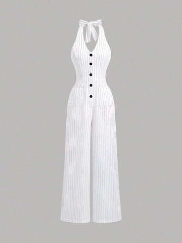 Flirla Striped Print Backless Button Up Casual Sleeveless Jumpsuit