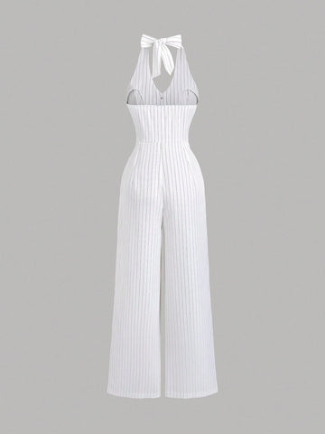 Flirla Striped Print Backless Button Up Casual Sleeveless Jumpsuit