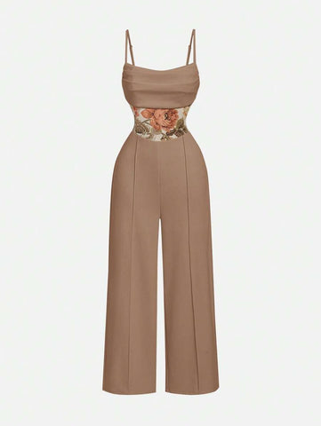 Women's Spaghetti Strap Ruched Waist Floral Jacquard Apricot Jumpsuit