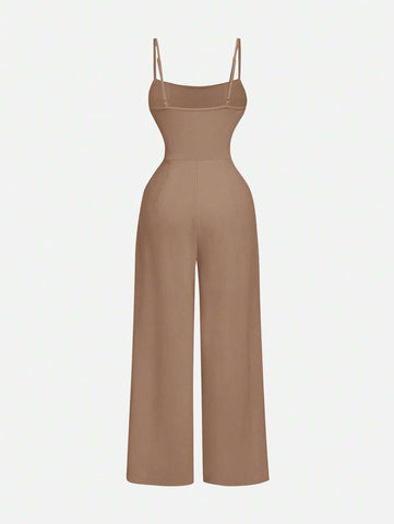 Women's Spaghetti Strap Ruched Waist Floral Jacquard Apricot Jumpsuit