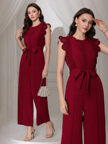 Modelyn Women Solid Color Lace Patchwork Sleeveless Sashes Straight Leg Jumpsuit