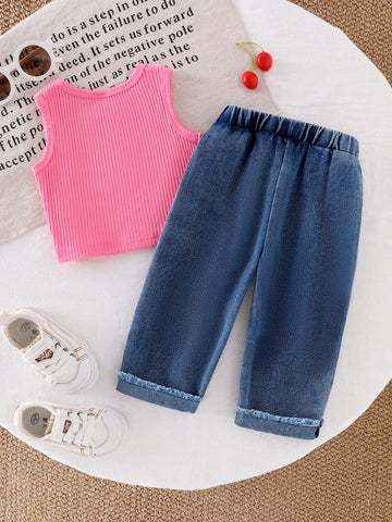 Baby Girl Button Decor Sleeveless Top And Cherry Embroidery Straight Leg Jeans