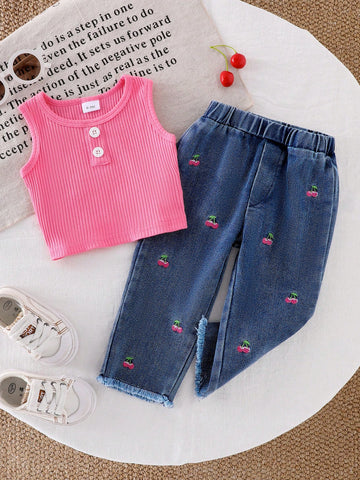 Baby Girl Button Decor Sleeveless Top And Cherry Embroidery Straight Leg Jeans