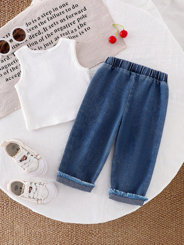 Baby Girl Button Decor Sleeveless Top And Cherry Embroidery Straight Leg Jeans