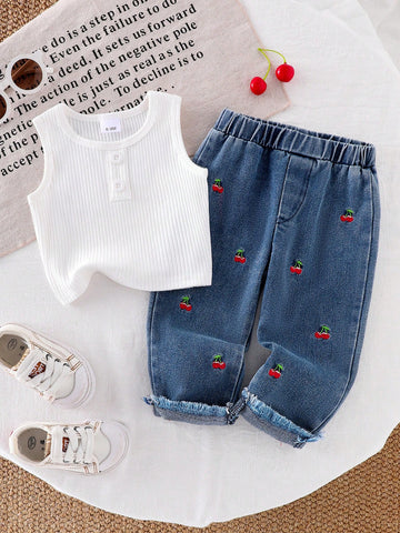 Baby Girl Button Decor Sleeveless Top And Cherry Embroidery Straight Leg Jeans