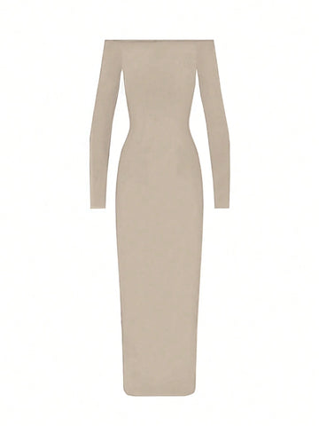 Women's Solid Color Off Shoulder Long Sleeve Slim Fit Long Dress