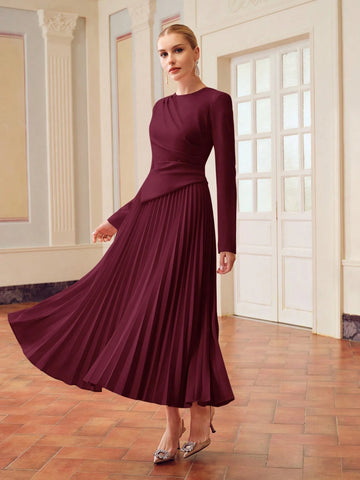 ZEYLAH SOLID RUCHED WAIST PLEATED HEM DRESS