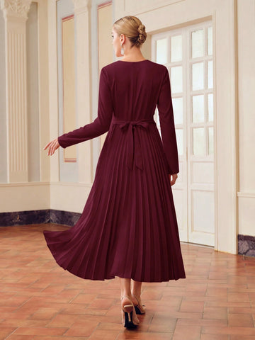 ZEYLAH SOLID RUCHED WAIST PLEATED HEM DRESS