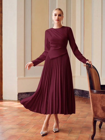 ZEYLAH SOLID RUCHED WAIST PLEATED HEM DRESS