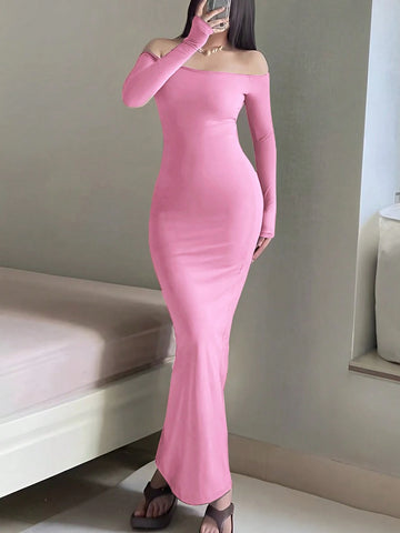 Women's Solid Color Off Shoulder Long Sleeve Slim Fit Long Dress