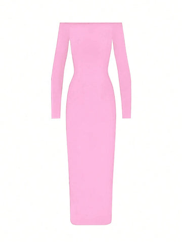 Women's Solid Color Off Shoulder Long Sleeve Slim Fit Long Dress