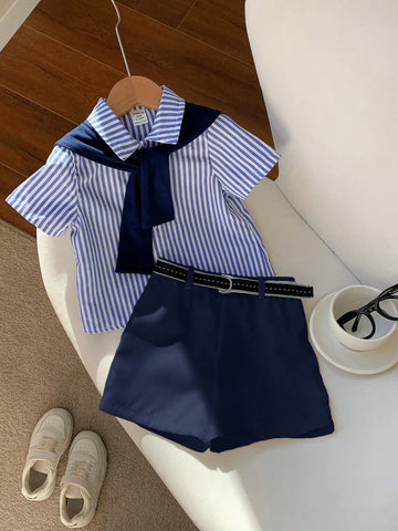 Baby Boy Summer Cute Striped Short Sleeve Shirt, Elastic Waist Shorts, Cape, Bowknot