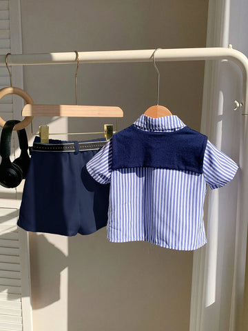 Baby Boy Summer Cute Striped Short Sleeve Shirt, Elastic Waist Shorts, Cape, Bowknot
