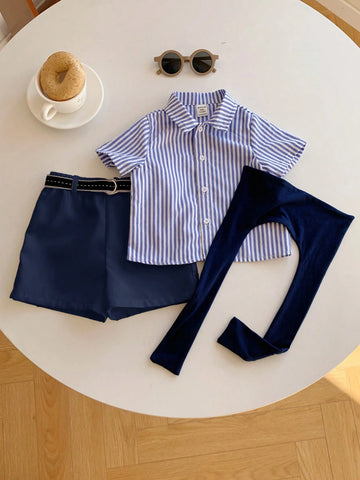 Baby Boy Summer Cute Striped Short Sleeve Shirt, Elastic Waist Shorts, Cape, Bowknot