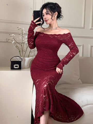 Women's Lace Panel Long Party Dress Elegant,Ruffle