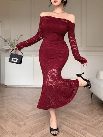 Women's Lace Panel Long Party Dress Elegant,Ruffle
