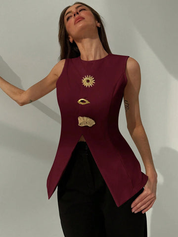 Aloruh Minimalist Refined Office Crew Neck Fitted Metallic Decor Split Hem Blazer