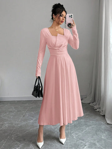 Women's Elegant Solid Asymmetric Collar Long Sleeve Ruched Waist Aline Dress