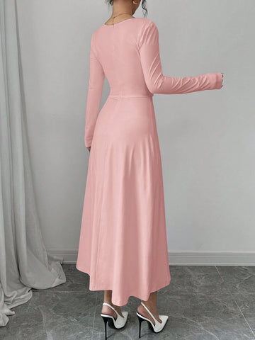 Women's Elegant Solid Asymmetric Collar Long Sleeve Ruched Waist Aline Dress