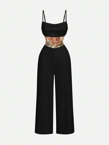 Women's Spaghetti Strap Ruched Waist Floral Jacquard Apricot Jumpsuit