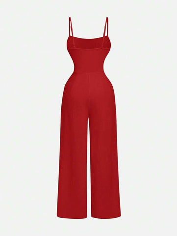 Women's Spaghetti Strap Ruched Waist Floral Jacquard Apricot Jumpsuit