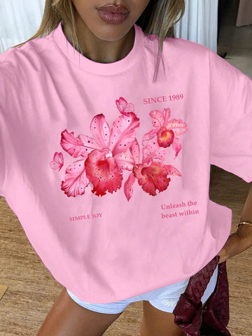 EZwear Oversized Casual Cherry Pattern Round Neck Short Sleeve T-Shirt