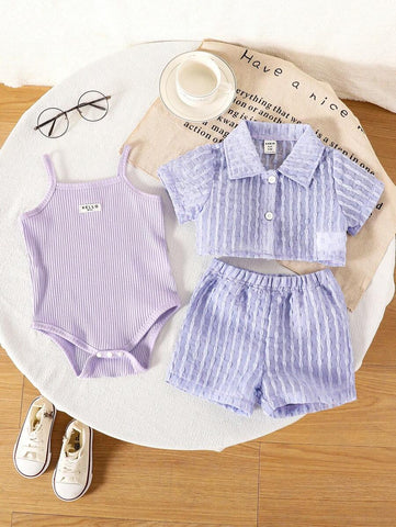 Baby Girls' Holiday Leisure Style Textured Fabric Short Sleeved Shirt + Shorts + Suspenders Romper