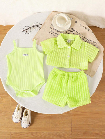 Baby Girls' Holiday Leisure Style Textured Fabric Short Sleeved Shirt + Shorts + Suspenders Romper