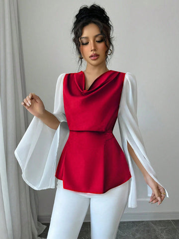 Women's High-Quality Swing Collar Draped Stitching Cinched Waist Chiffon Sheer Split Sleeve Blouse