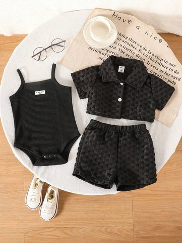 Baby Girls' Holiday Leisure Style Textured Fabric Short Sleeved Shirt + Shorts + Suspenders Romper