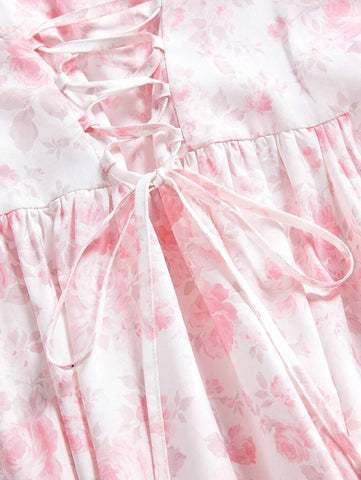 Women's Elegant Floral Print Puff Sleeve Midi Dress